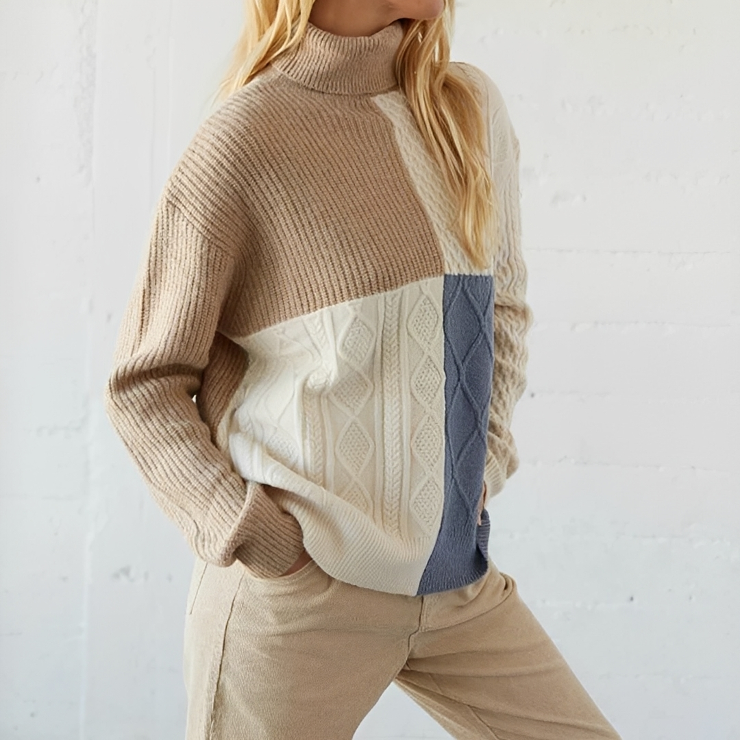 Suéter para mujer con cuello alto y bloques geométricos – manga larga, corte relajado
