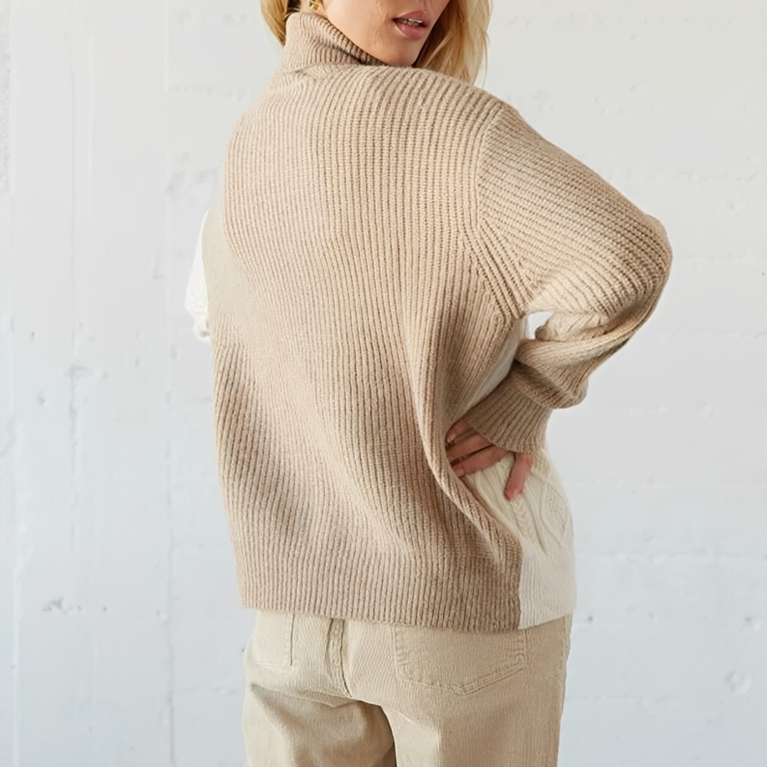 Suéter para mujer con cuello alto y bloques geométricos – manga larga, corte relajado