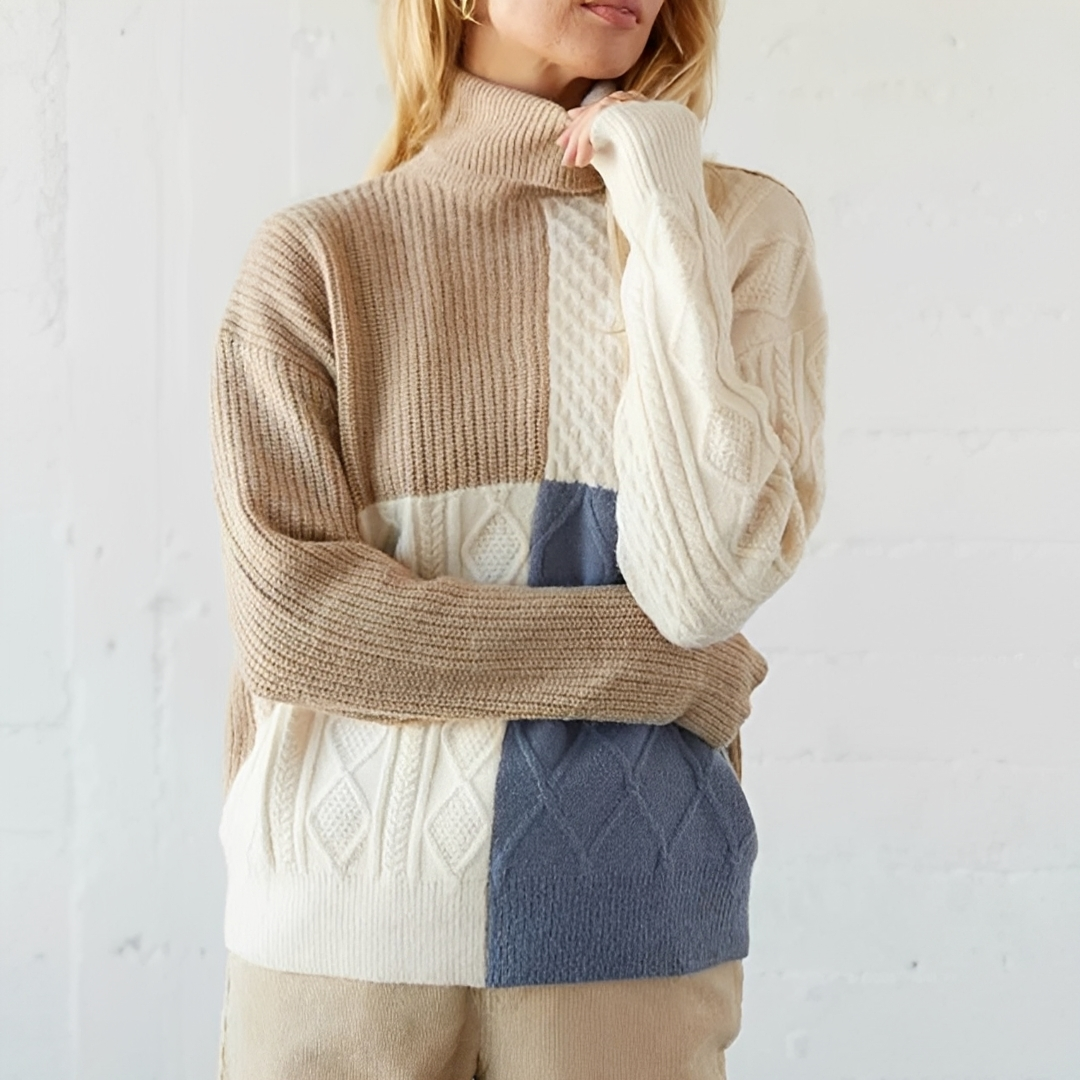 Suéter para mujer con cuello alto y bloques geométricos – manga larga, corte relajado