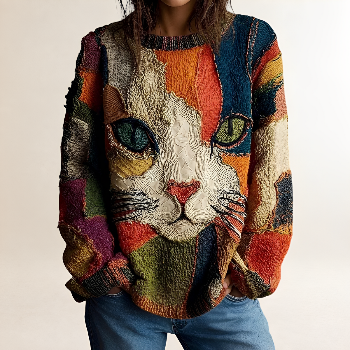 Suéter para mujer con diseño artístico de gato y patrón colorido de ajuste relajado