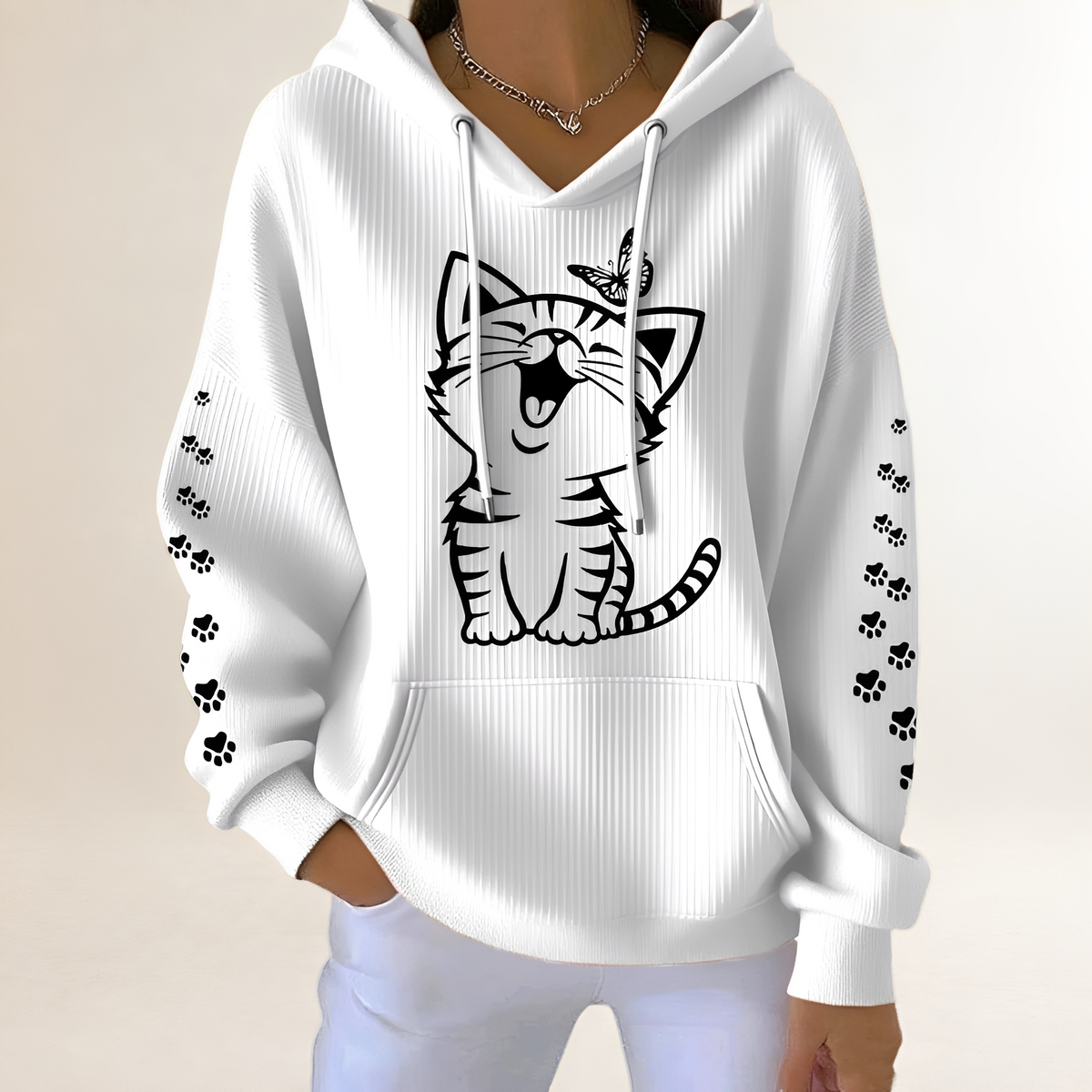 Sudadera con capucha de mujer con dibujo de gato, mangas con huellitas y bolsillo canguro
