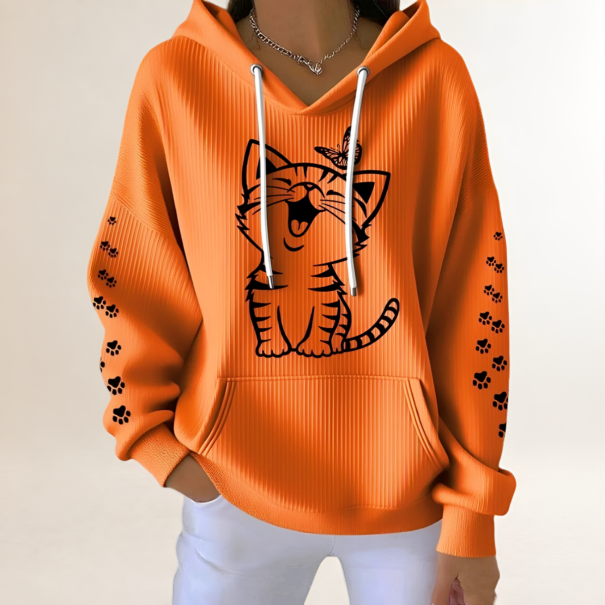 Sudadera con capucha de mujer con dibujo de gato, mangas con huellitas y bolsillo canguro