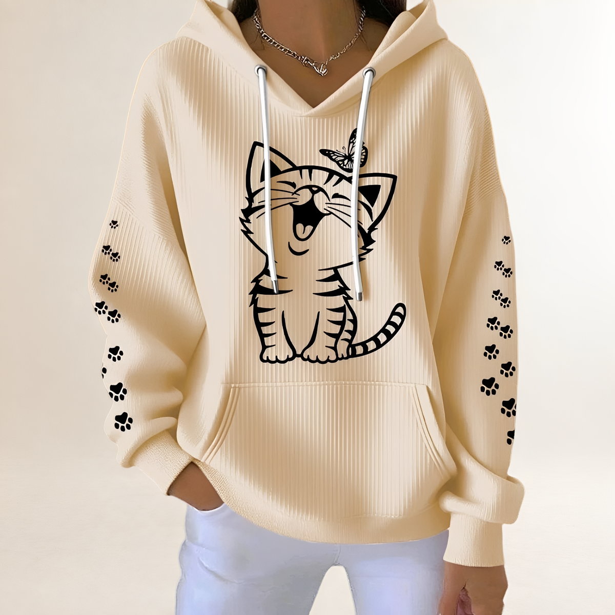 Sudadera con capucha de mujer con dibujo de gato, mangas con huellitas y bolsillo canguro