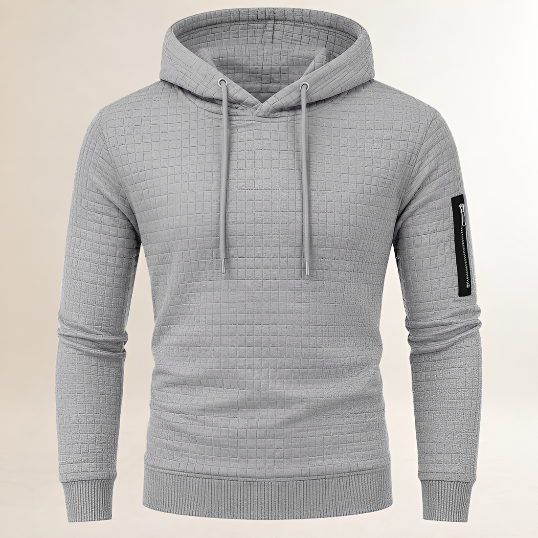 Sudadera con capucha para hombre — tiro ajustado, acolchada en formato cuadrado, bolsillo canguro y bolsillo en manga con cremallera