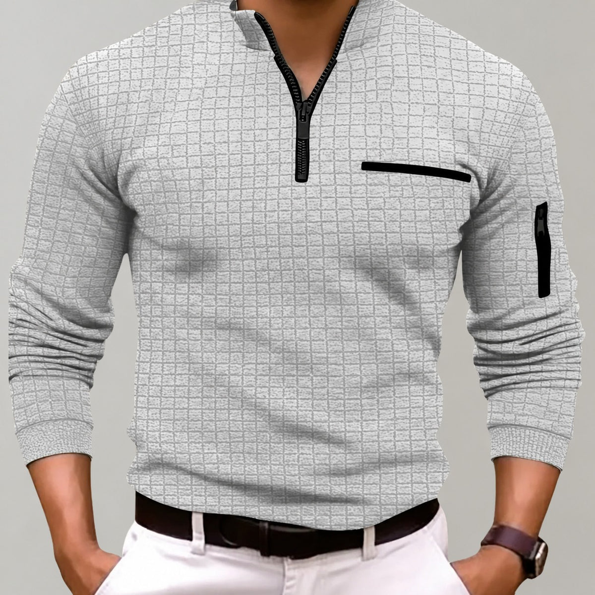 Sudadera con cremallera para hombre con cuello alto y bolsillo en el pecho