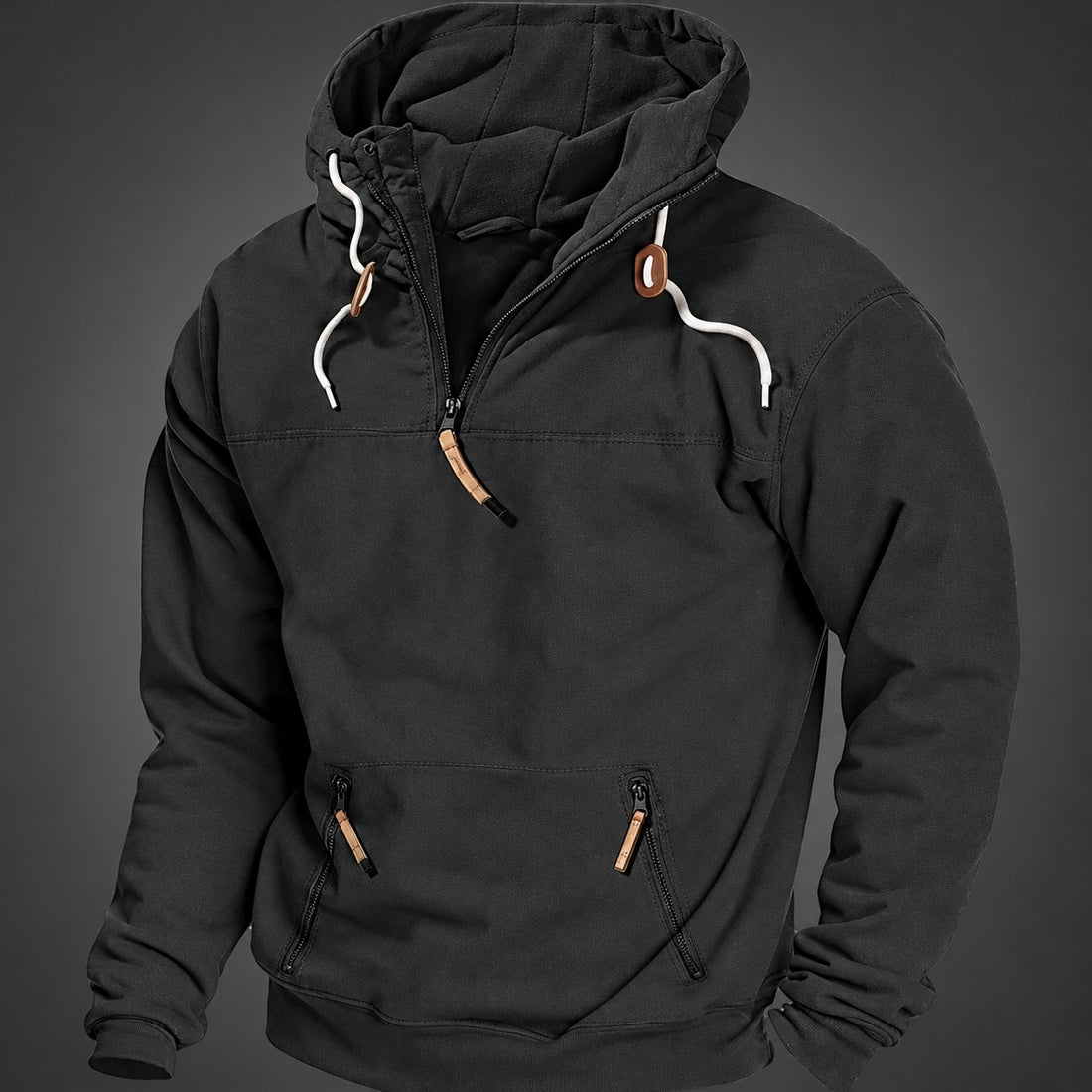 Sudadera con media cremallera para hombre con bolsillo canguro capucha con cordón corte relajado