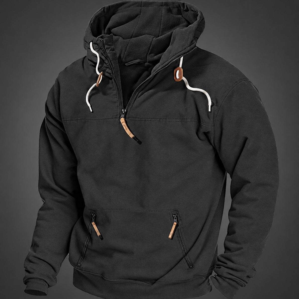 Sudadera con media cremallera para hombre con bolsillo canguro capucha con cordón corte relajado
