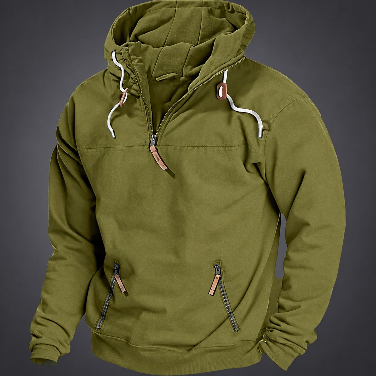 Sudadera con media cremallera para hombre con bolsillo canguro capucha con cordón corte relajado