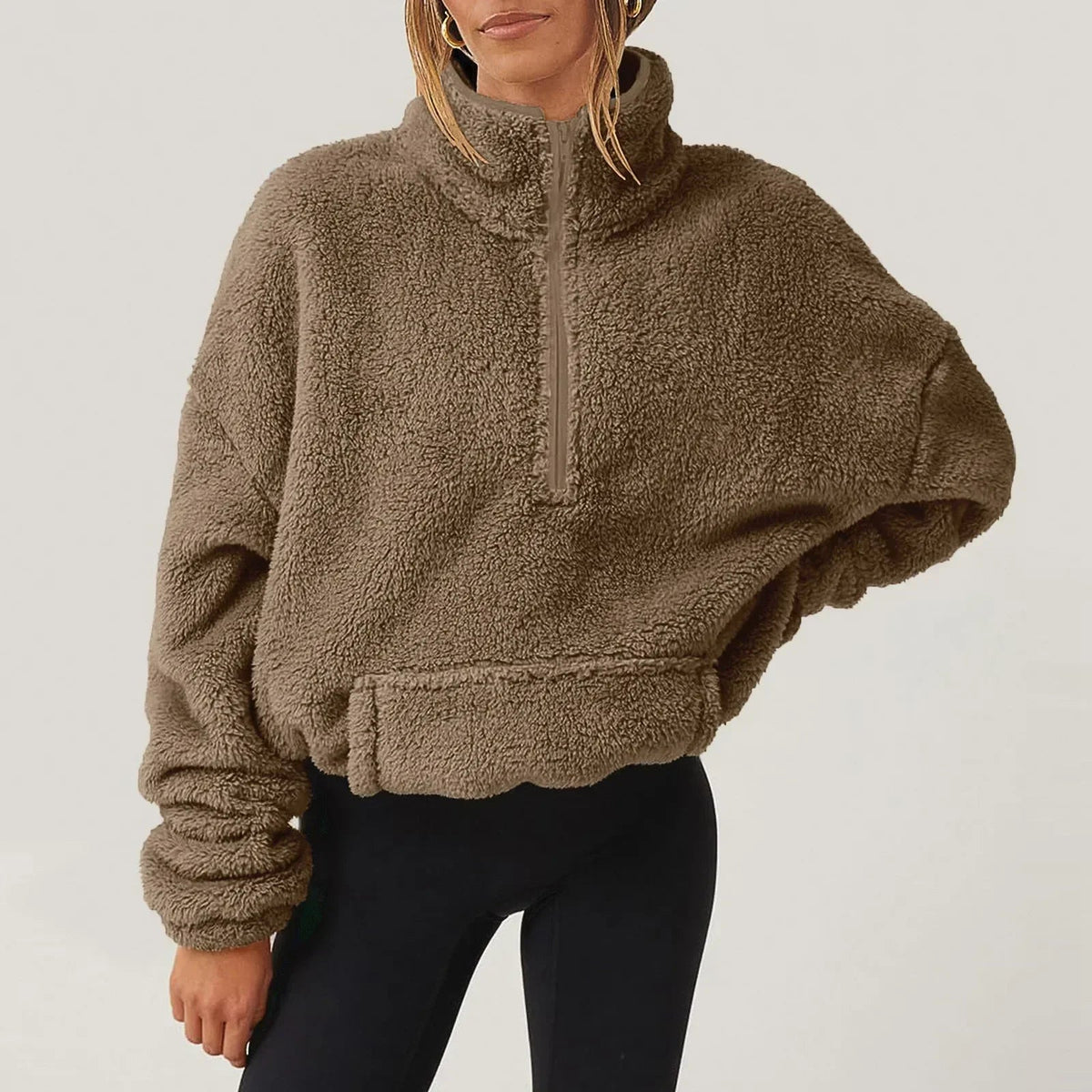 Sudadera mujer de media cremallera con cuello alto y manga larga de corte relajado
