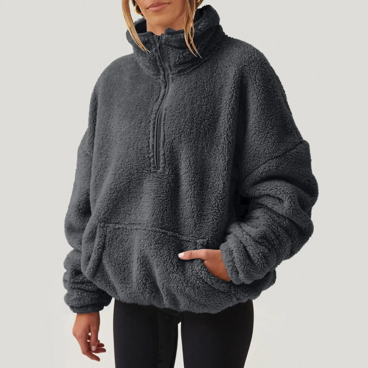 Sudadera mujer de media cremallera con cuello alto y manga larga de corte relajado