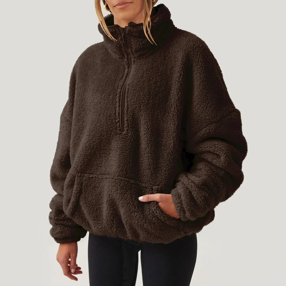 Sudadera mujer de media cremallera con cuello alto y manga larga de corte relajado