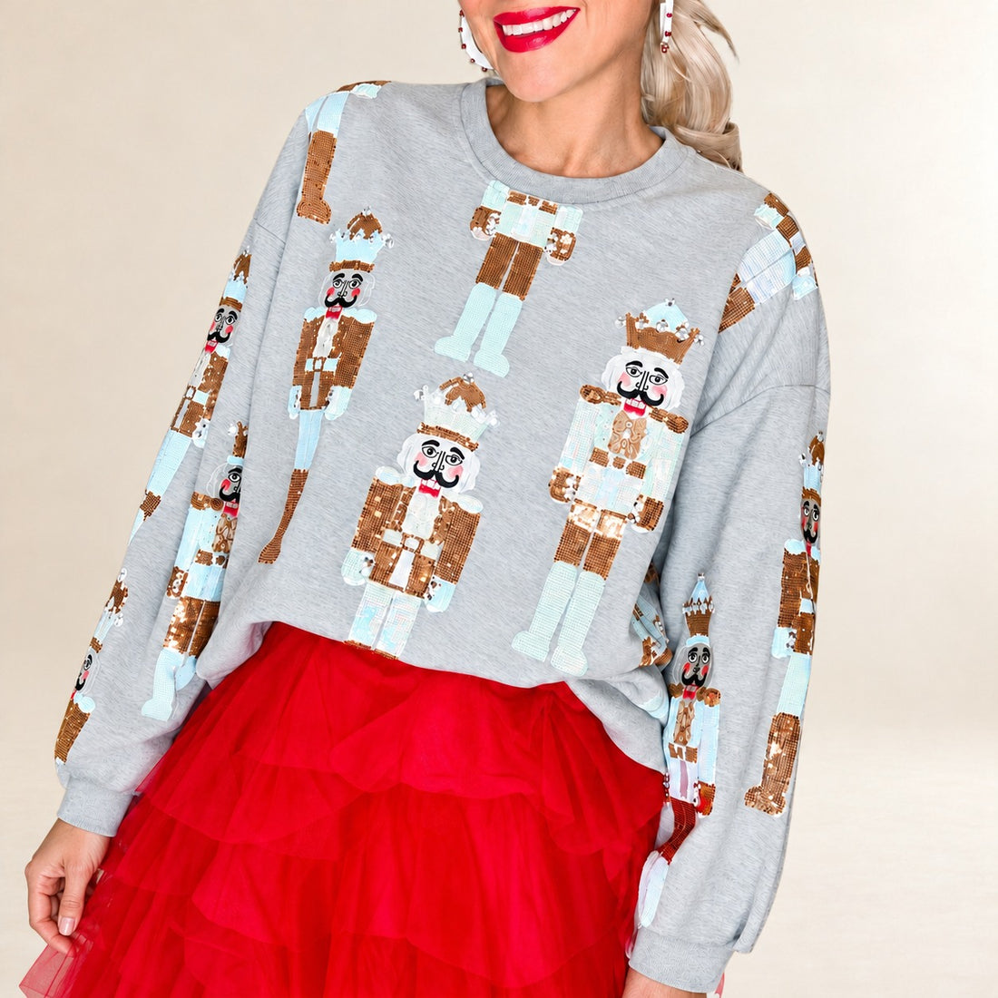Sudadera para mujer con cuello redondo y estampado de cascanueces con lentejuelas