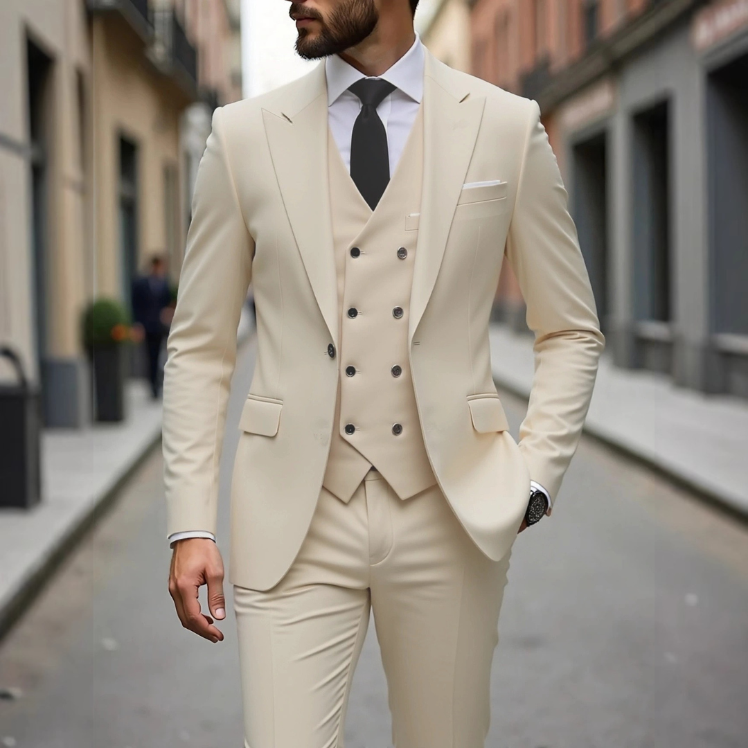 Traje de hombre 3 piezas con chaleco de doble botonadura y chaqueta entallada de dos botones