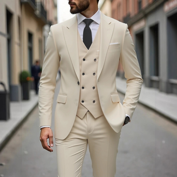 Traje de hombre 3 piezas con chaleco de doble botonadura y chaqueta entallada de dos botones
