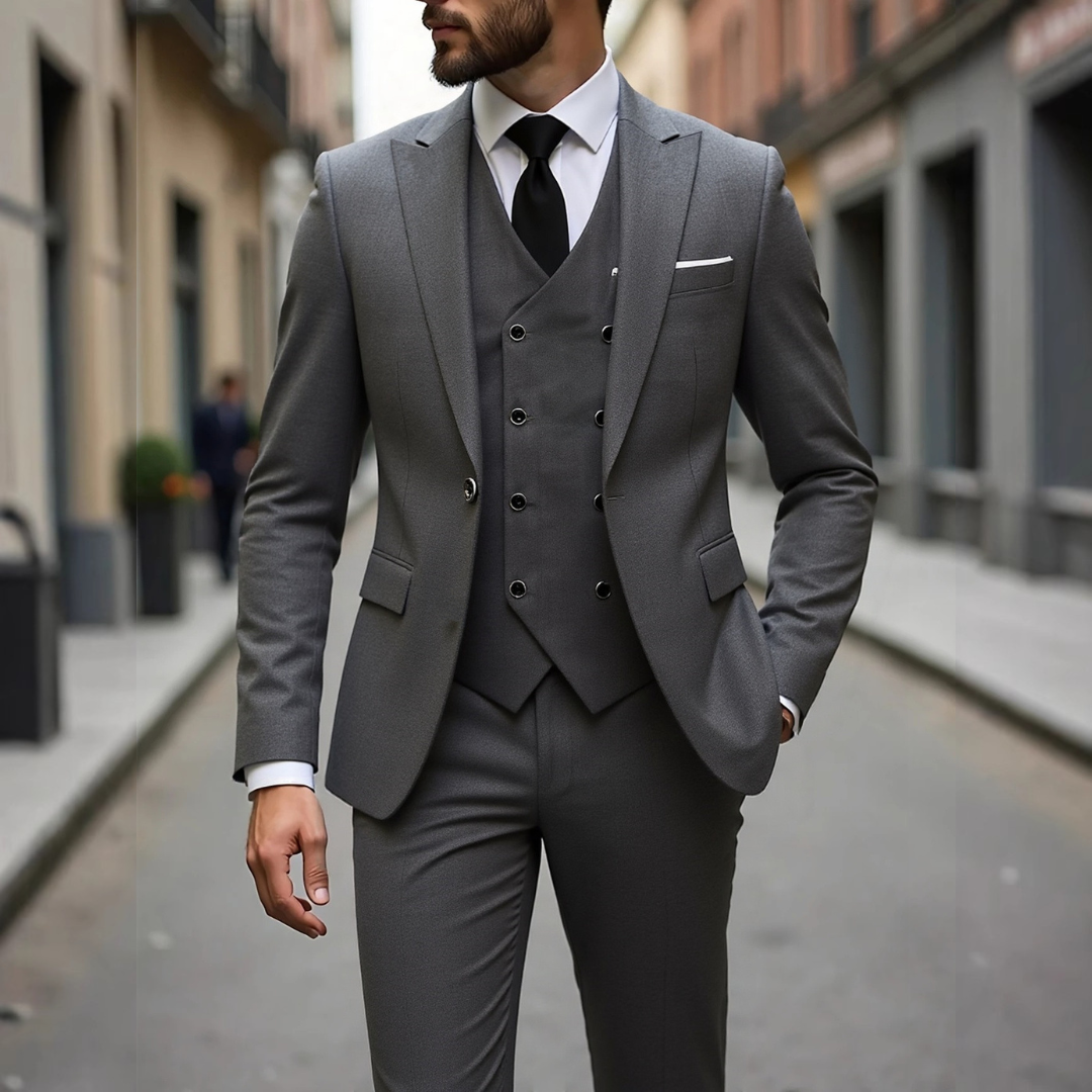 Traje de hombre 3 piezas con chaleco de doble botonadura y chaqueta entallada de dos botones