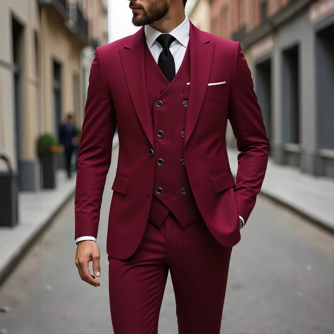 Traje de hombre 3 piezas con chaleco de doble botonadura y chaqueta entallada de dos botones