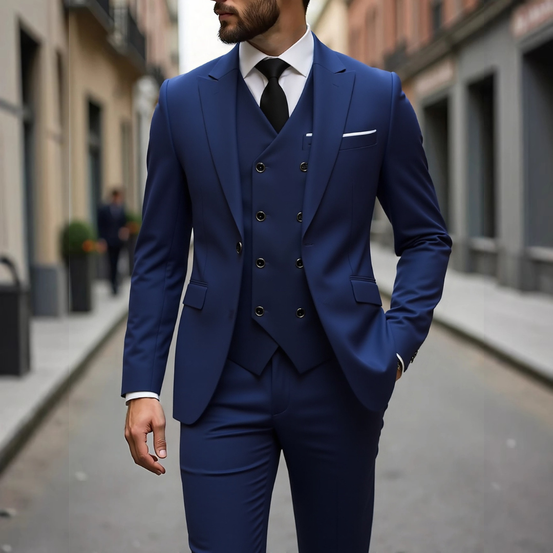 Traje de hombre 3 piezas con chaleco de doble botonadura y chaqueta entallada de dos botones