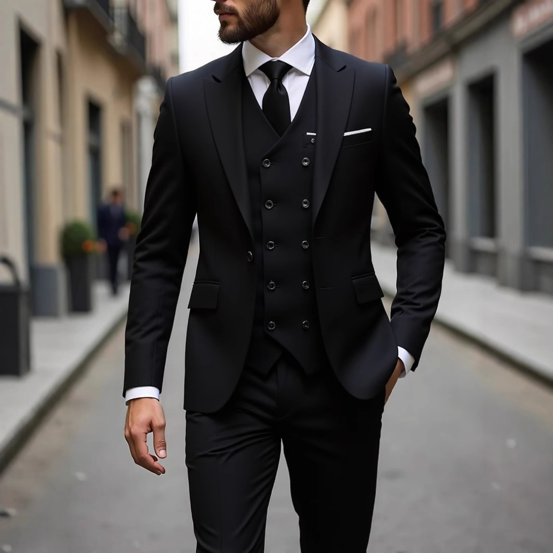 Traje de hombre 3 piezas con chaleco de doble botonadura y chaqueta entallada de dos botones