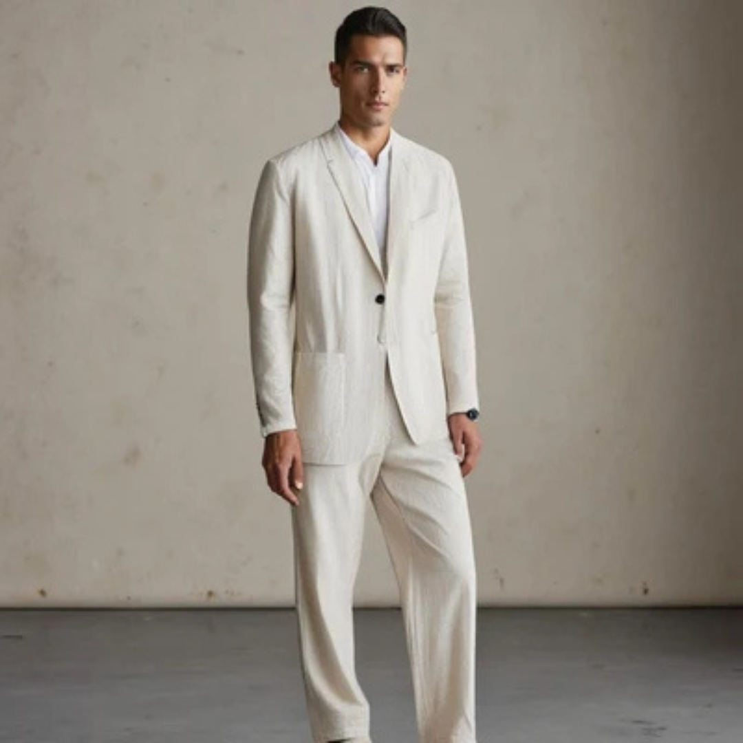 Traje de hombre: saco cruzado de un solo botón con solapas inclinadas y bolsillos parche, pantalón recto con cintura elástica