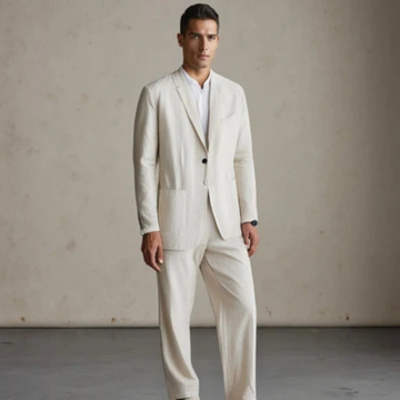 Traje de hombre: saco cruzado de un solo botón con solapas inclinadas y bolsillos parche, pantalón recto con cintura elástica