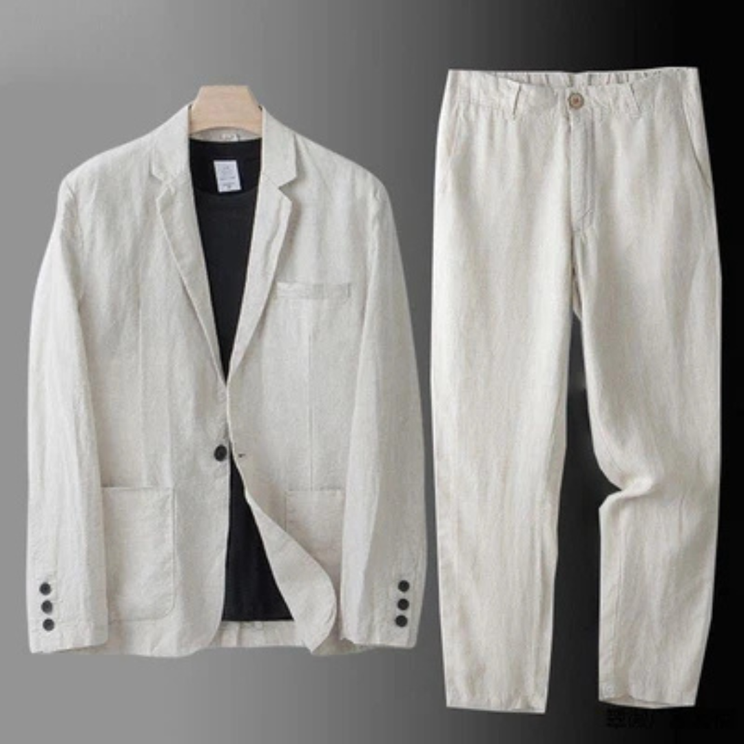 Traje de hombre: saco cruzado de un solo botón con solapas inclinadas y bolsillos parche, pantalón recto con cintura elástica