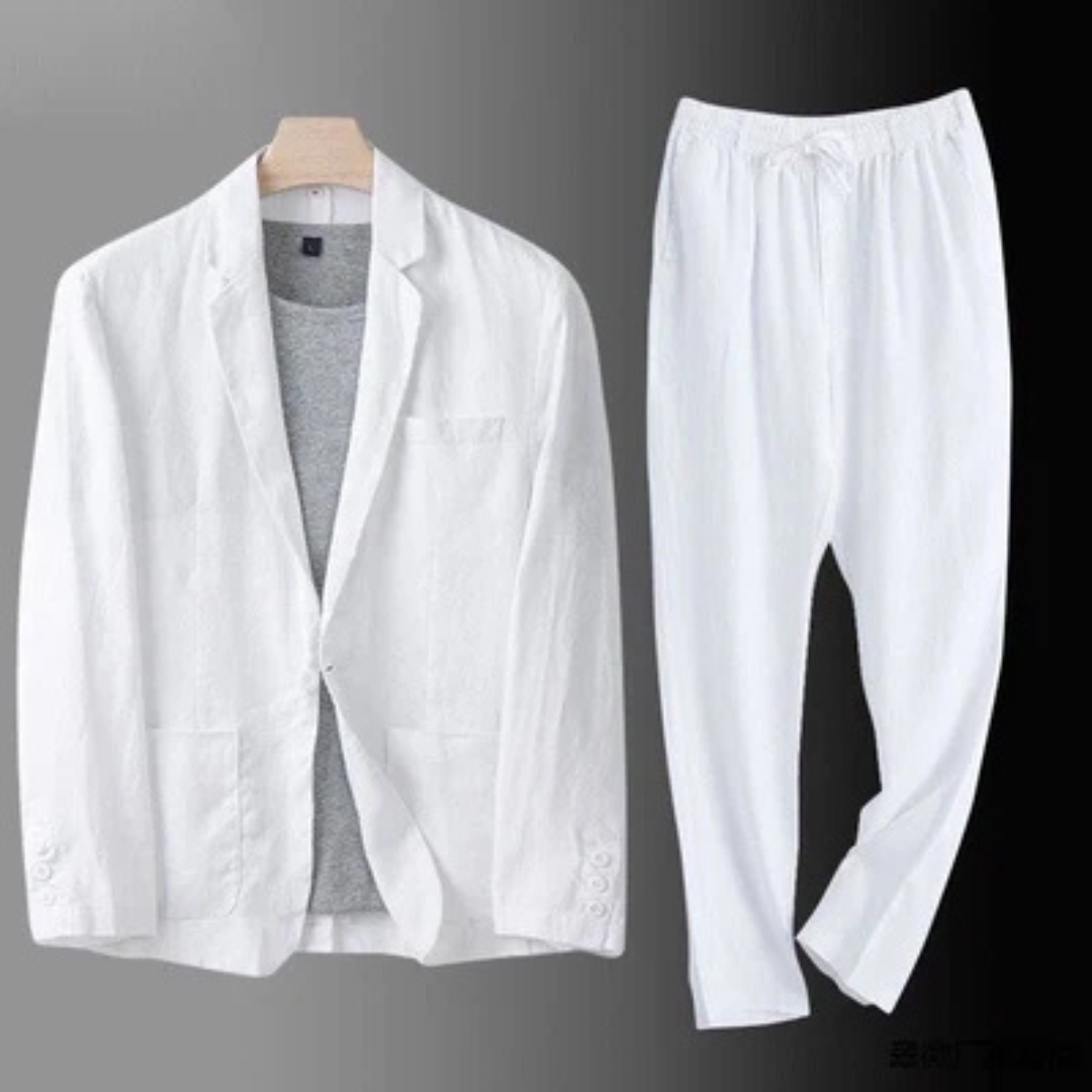 Traje de hombre: saco cruzado de un solo botón con solapas inclinadas y bolsillos parche, pantalón recto con cintura elástica