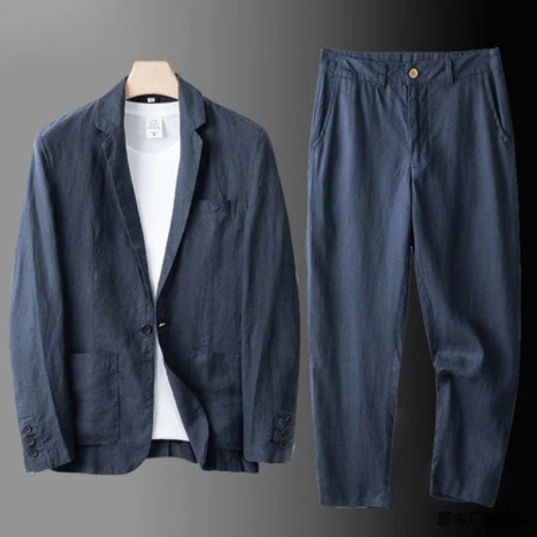 Traje de hombre: saco cruzado de un solo botón con solapas inclinadas y bolsillos parche, pantalón recto con cintura elástica