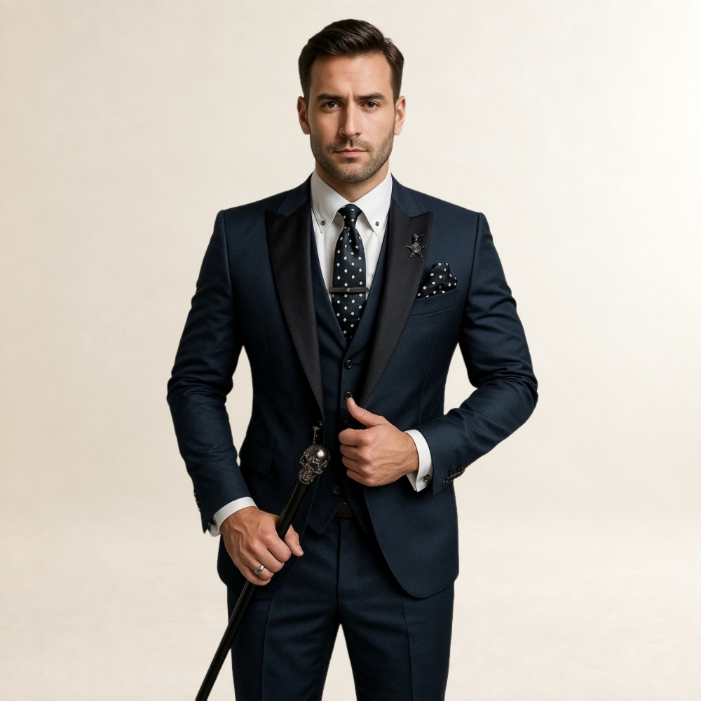 Traje de tres piezas para hombre ajustado con solapas en pico y chaleco con cadena decorativa