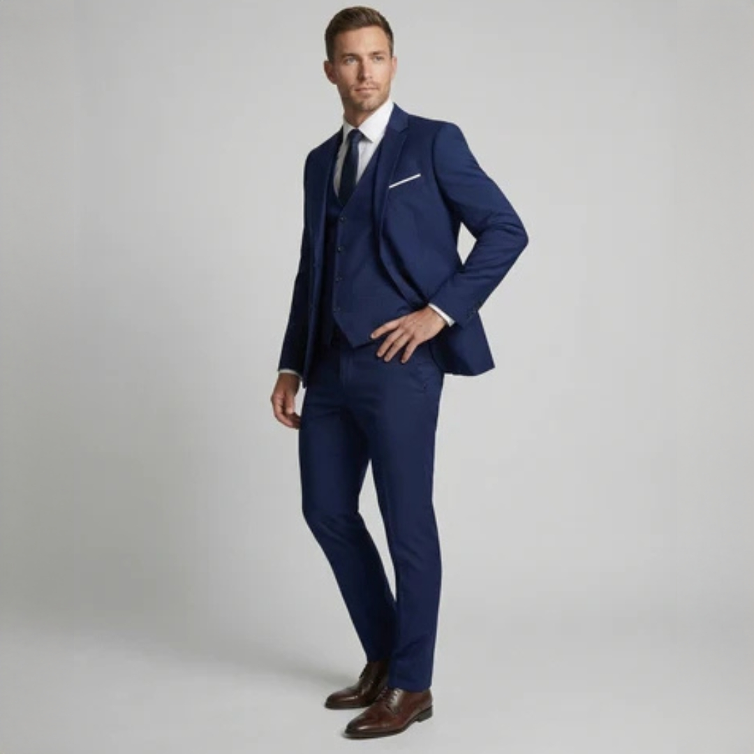 Traje de tres piezas para hombre con chaqueta de dos botones, solapas de muesca, chaleco a juego y pantalón de frente plano, corte entallado