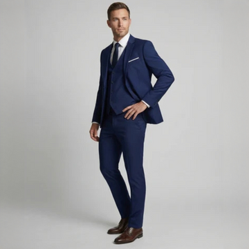 Traje de tres piezas para hombre con chaqueta de dos botones, solapas de muesca, chaleco a juego y pantalón de frente plano, corte entallado