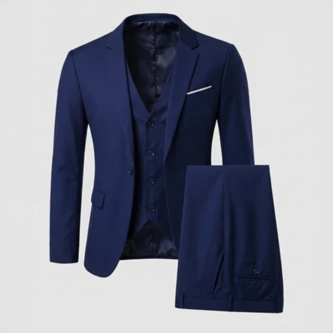 Traje de tres piezas para hombre con chaqueta de dos botones, solapas de muesca, chaleco a juego y pantalón de frente plano, corte entallado