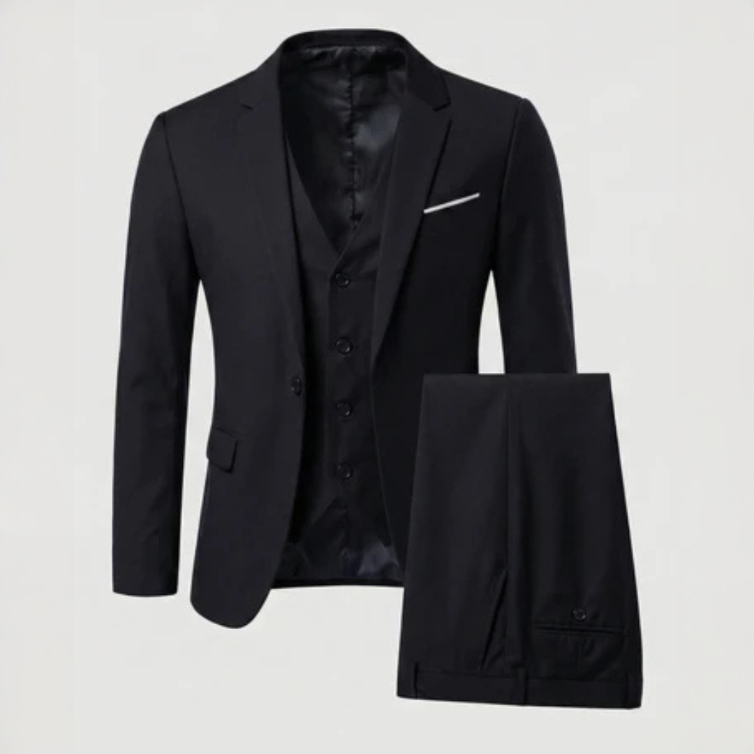 Traje de tres piezas para hombre con chaqueta de dos botones, solapas de muesca, chaleco a juego y pantalón de frente plano, corte entallado