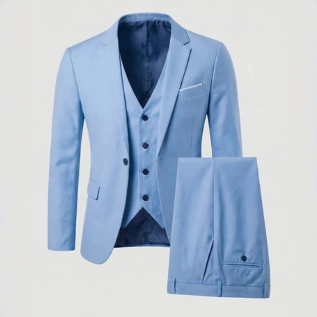 Traje de tres piezas para hombre con chaqueta de dos botones, solapas de muesca, chaleco a juego y pantalón de frente plano, corte entallado