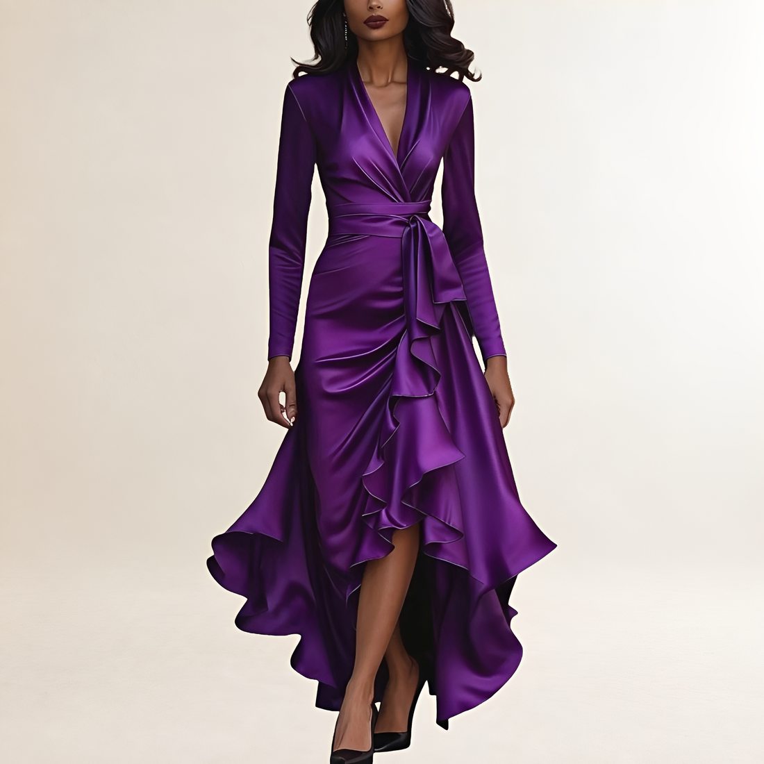 Vestido de noche largo mujer con drapeado, escote en V profundo, manga larga y cinturón ajustable