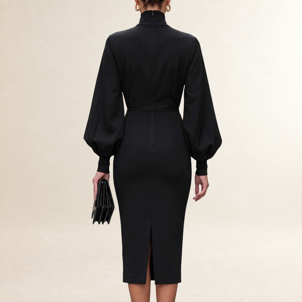 Vestido largo de mujer con cuello alto, mangas abullonadas y falda ajustada