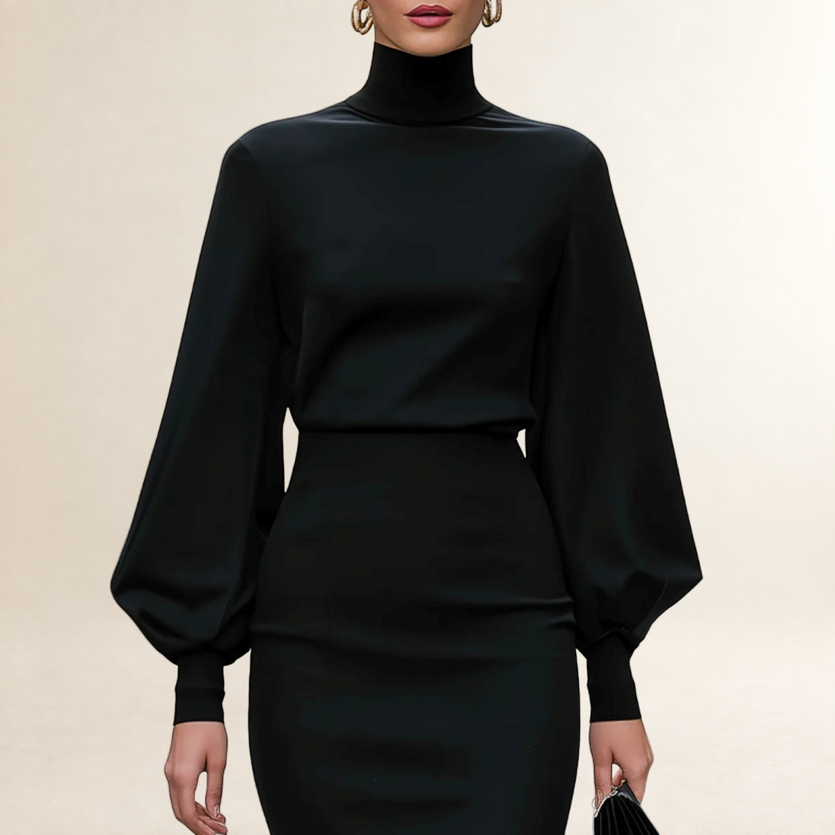 Vestido largo de mujer con cuello alto, mangas abullonadas y falda ajustada