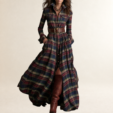 Vestido largo de mujer con solapa, cinturón y diseño de cuadros