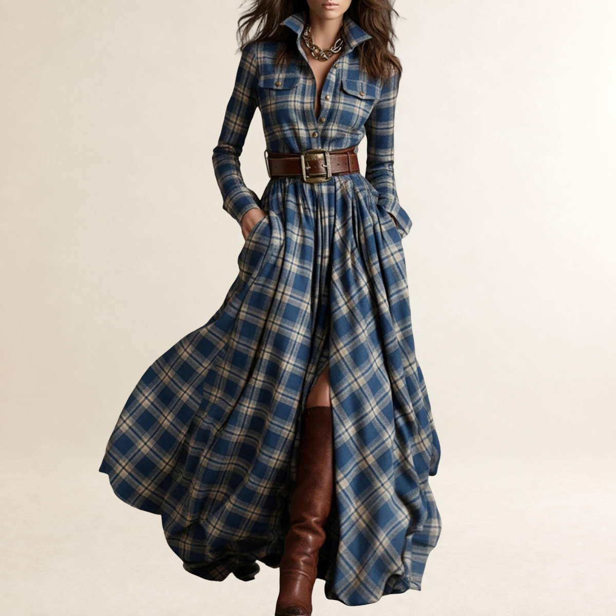 Vestido largo de mujer con solapa, cinturón y diseño de cuadros