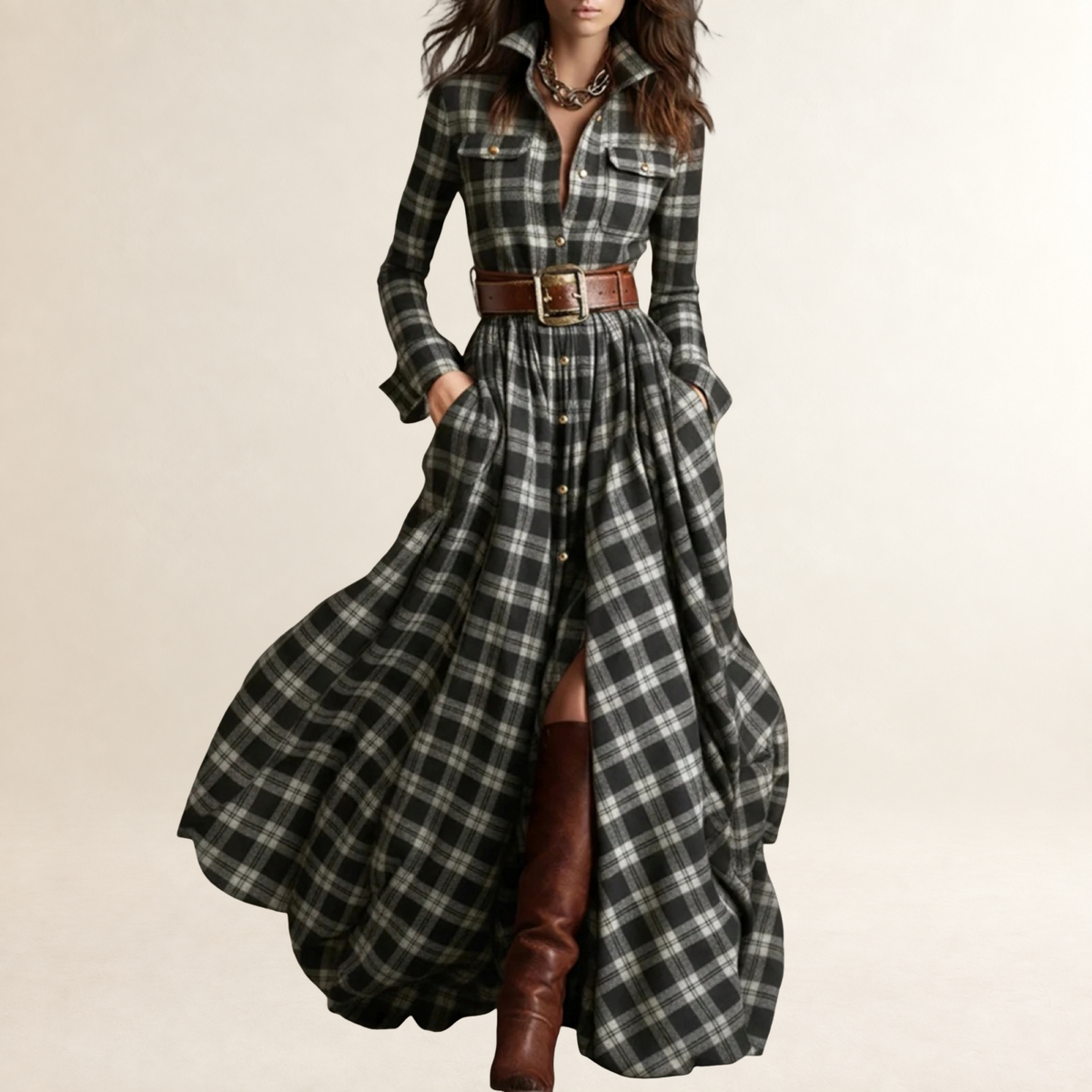 Vestido largo de mujer con solapa, cinturón y diseño de cuadros