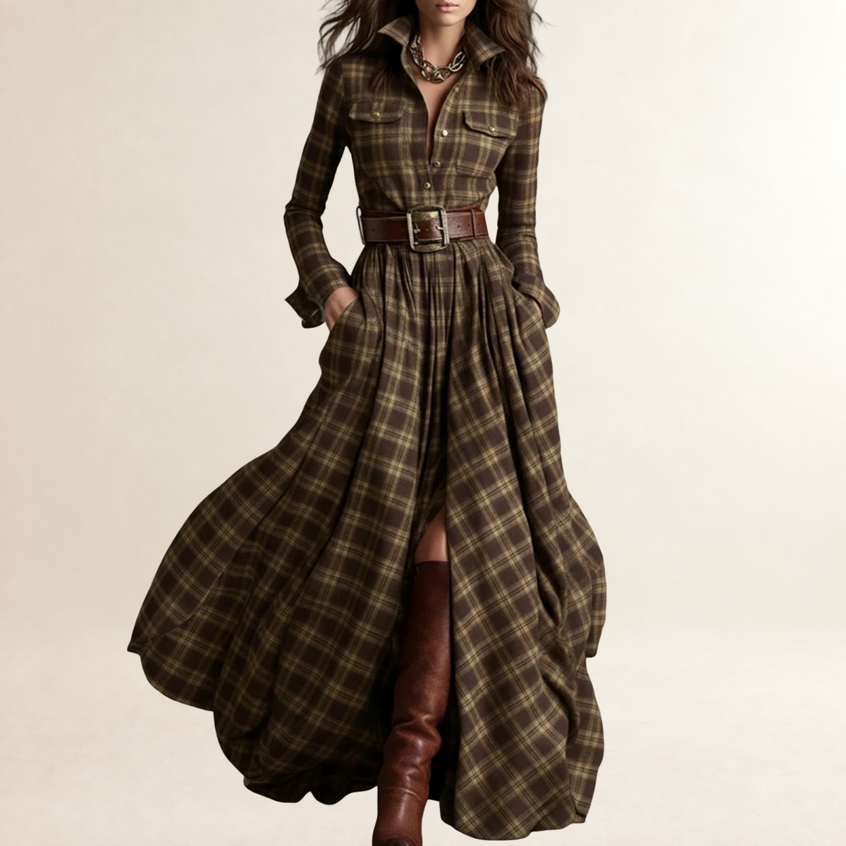 Vestido largo de mujer con solapa, cinturón y diseño de cuadros