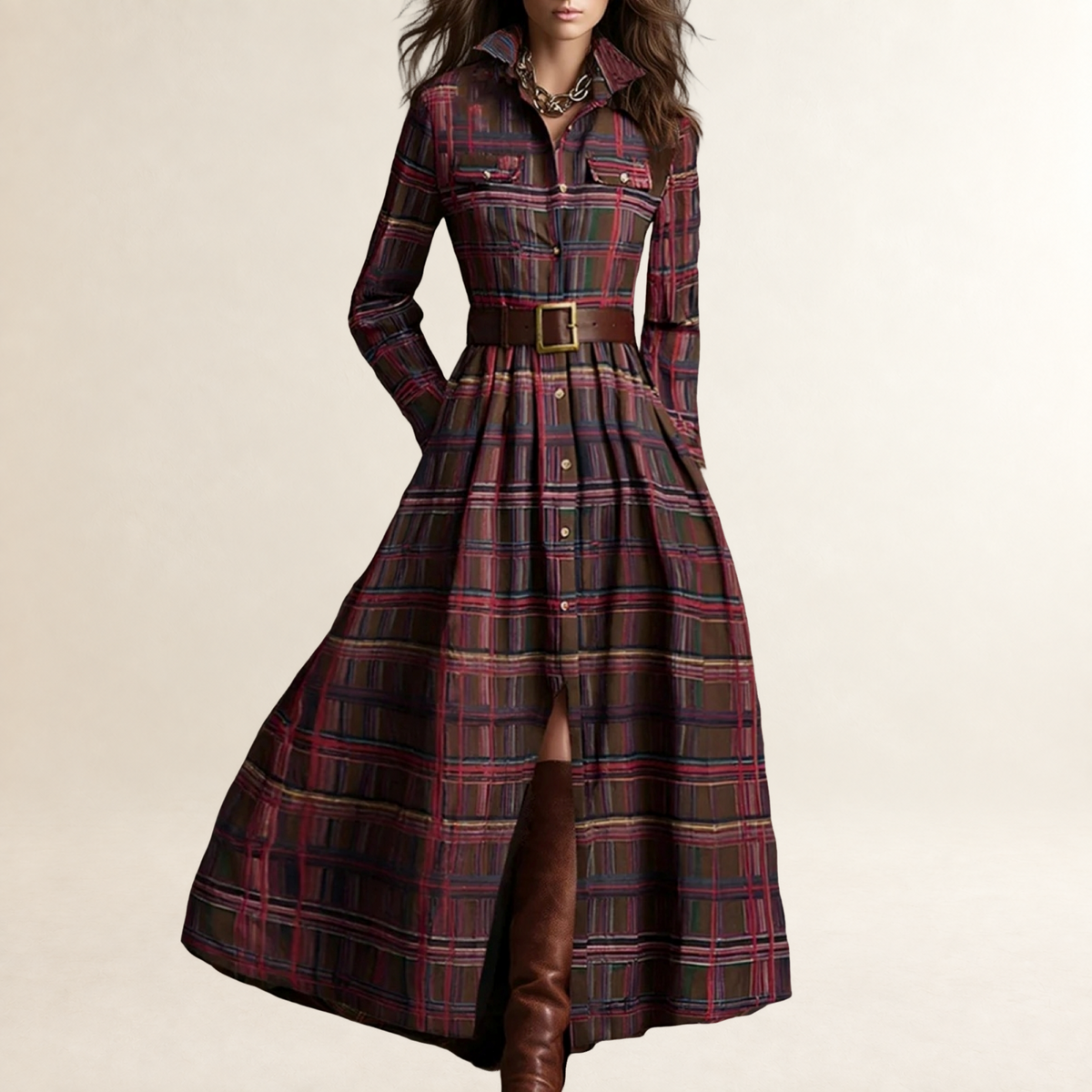 Vestido largo de mujer con solapa, cinturón y diseño de cuadros