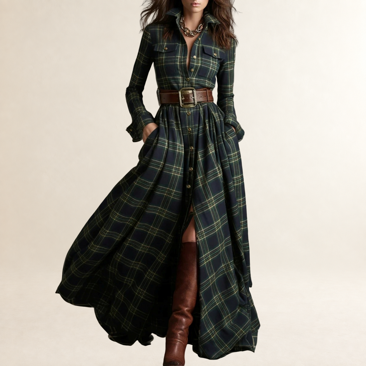 Vestido largo de mujer con solapa, cinturón y diseño de cuadros