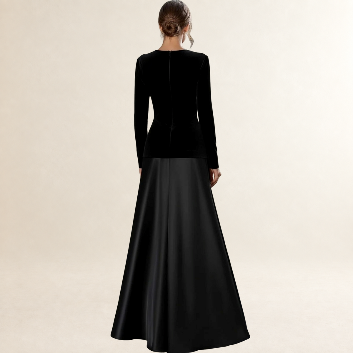 Vestido largo de noche para mujer con manga larga y silueta en A con busto ajustado