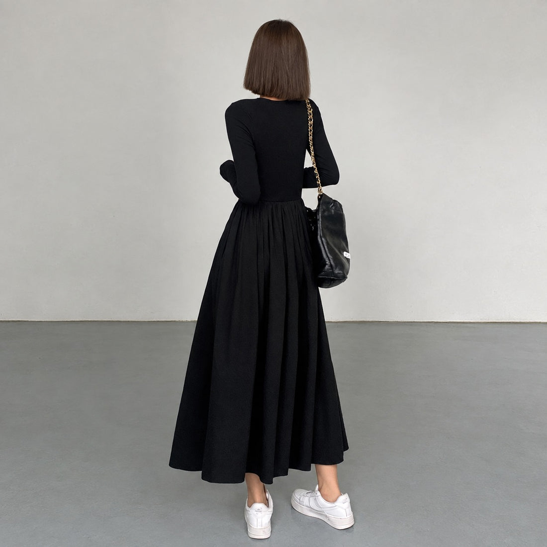 Vestido largo mujer de manga larga con cuello redondo y bolsillos