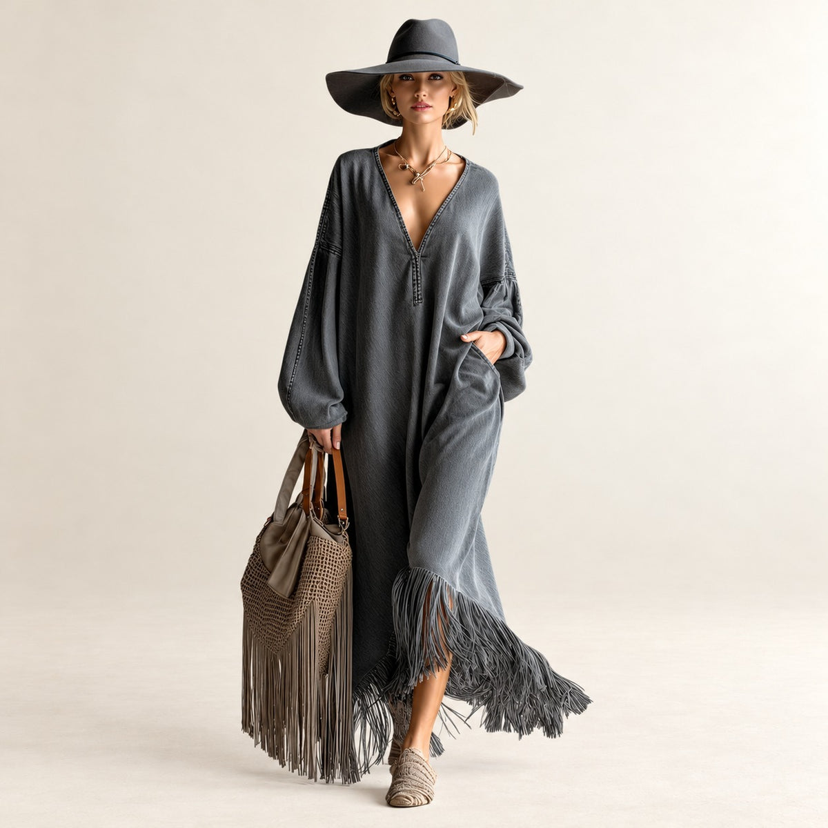 Vestido largo para mujer con escote en V manga larga y diseño con flecos