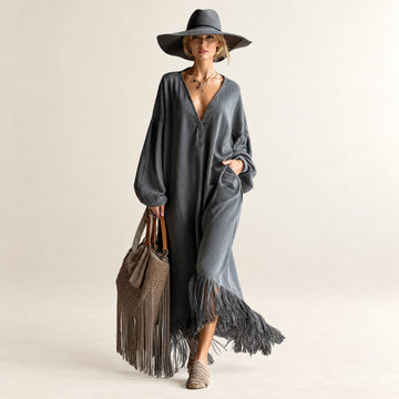 Vestido largo para mujer con escote en V manga larga y diseño con flecos