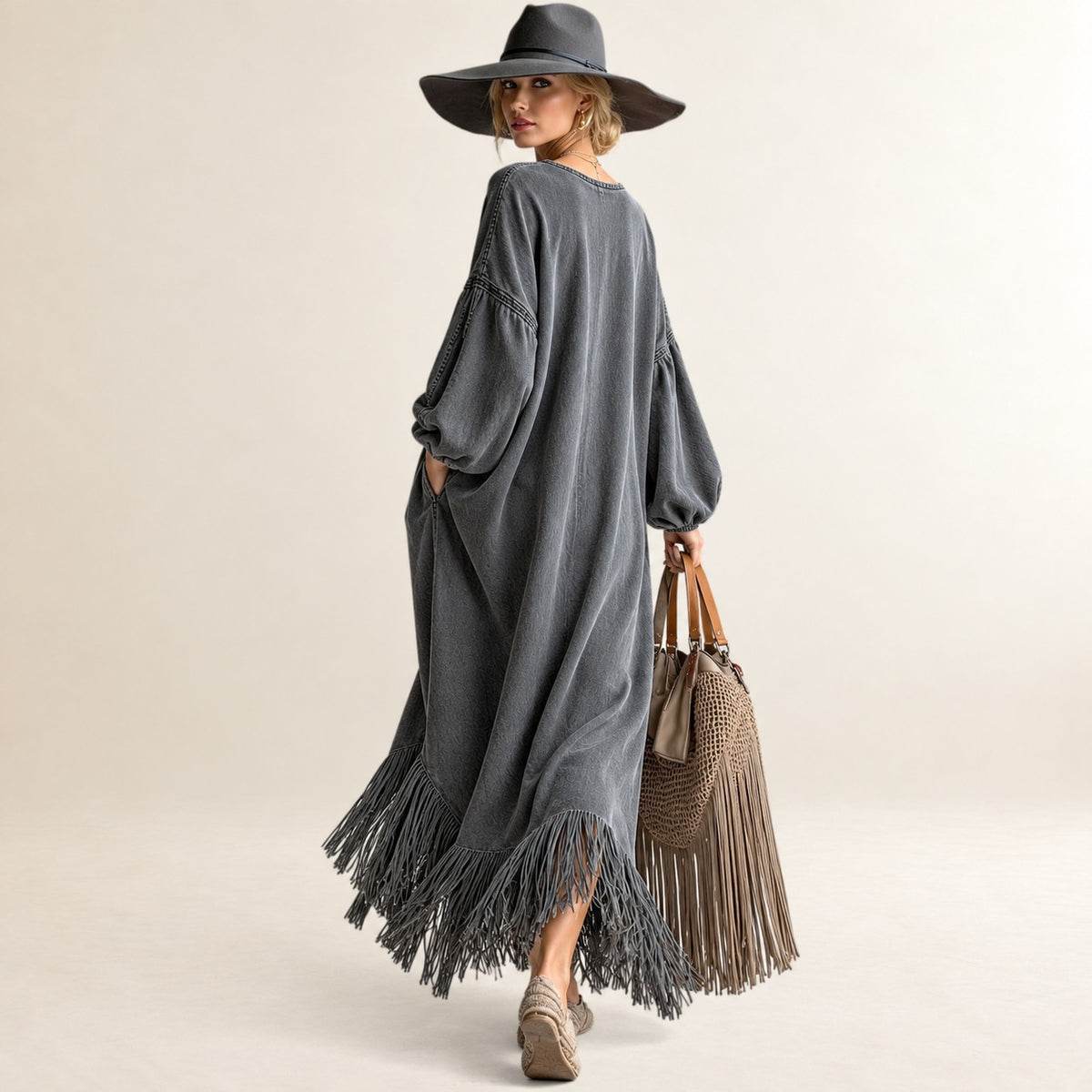 Vestido largo para mujer con escote en V manga larga y diseño con flecos