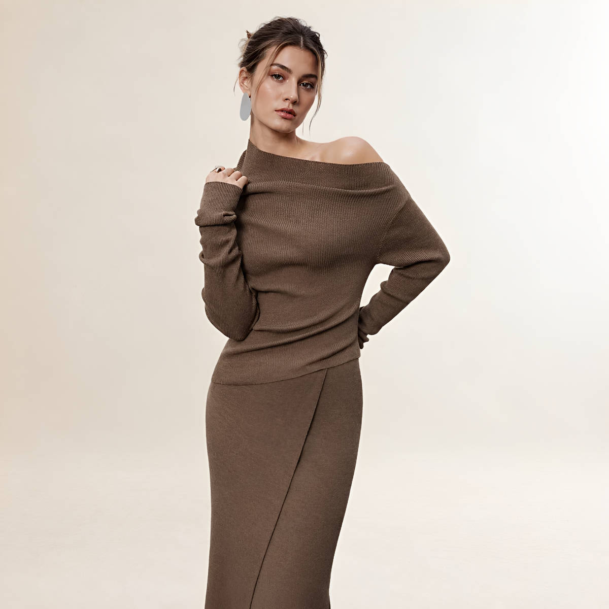 Vestido largo para mujer con hombros descubiertos, manga larga, estilo envolvente y abertura lateral