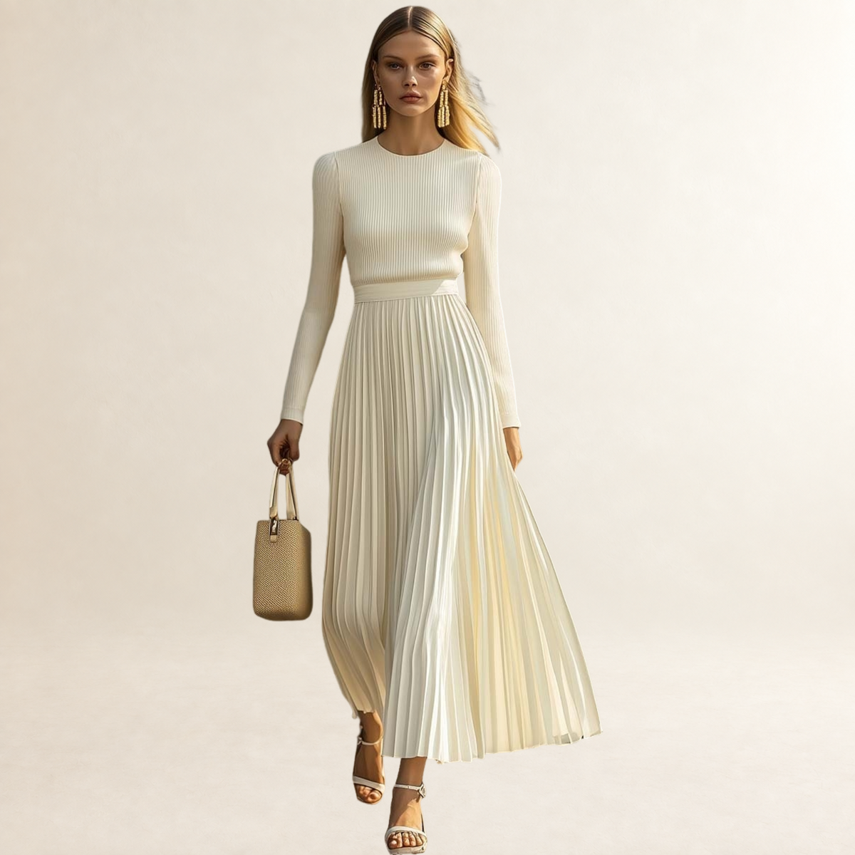 Vestido maxi mujer con mangas largas, falda plisada y corte ajustado