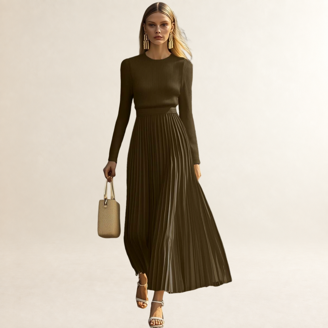 Vestido maxi mujer con mangas largas, falda plisada y corte ajustado